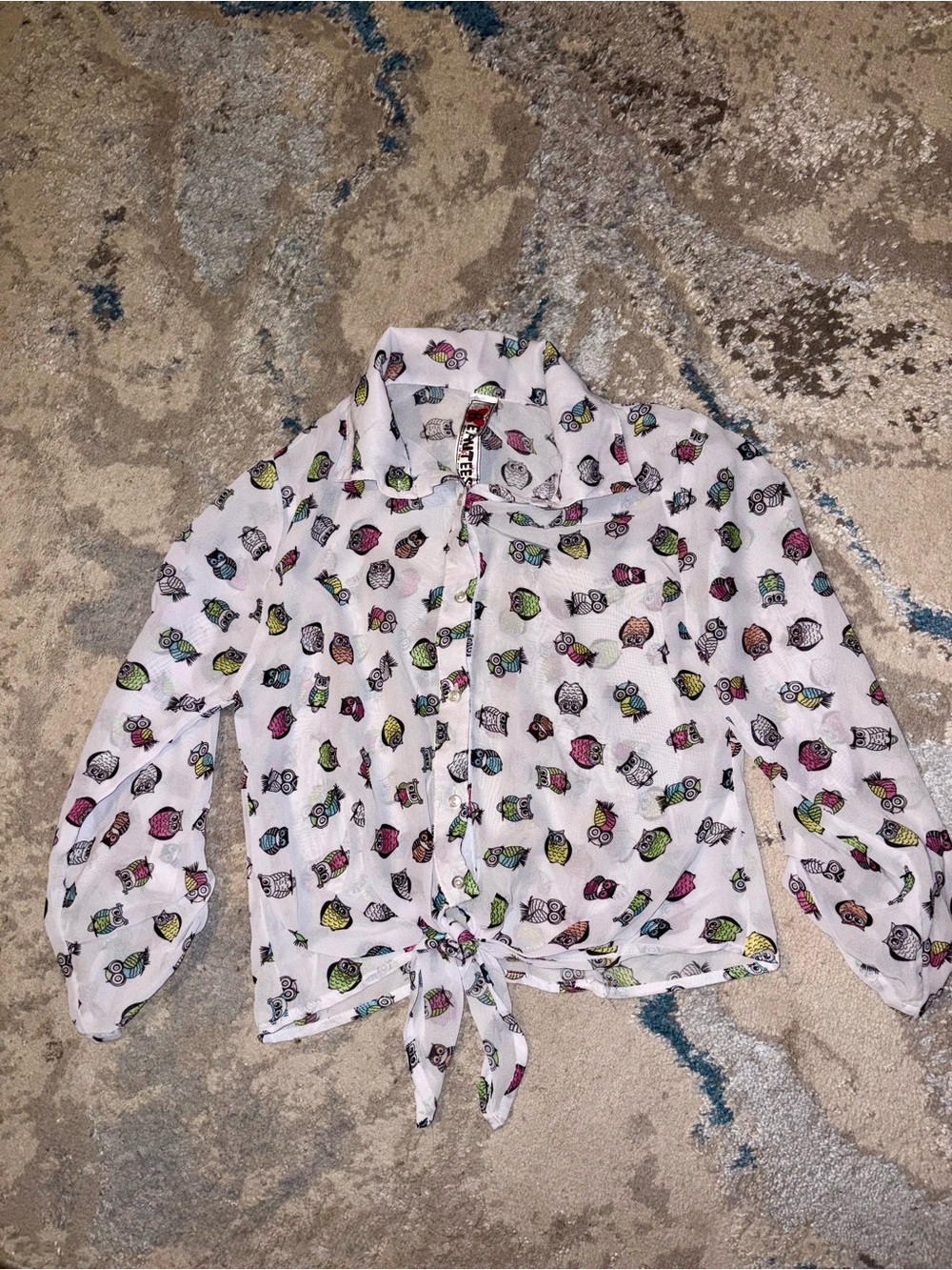 Beautees White Tie-Front Blouse with Multicolor Owl Pattern